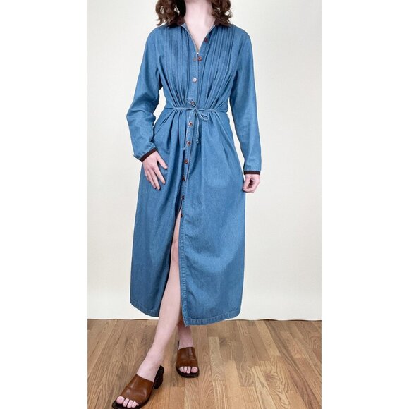 Vintage Denim Jean Midi Maxi Dress Pleated Long Duster Jacket Coat Cottagecore - Picture 2 of 10